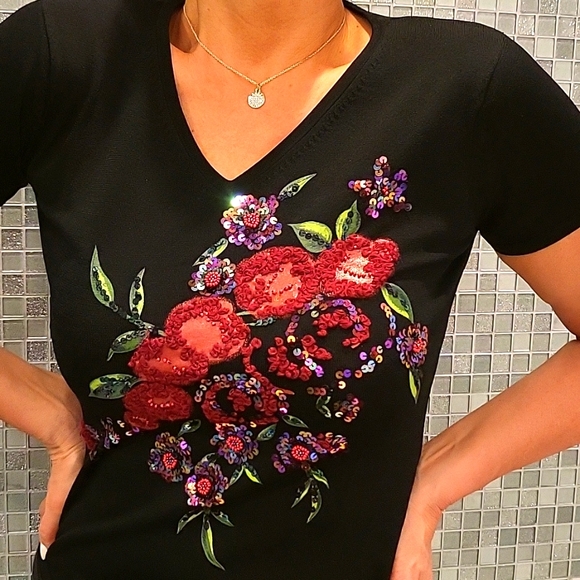 Vitae Tops - Black Sequined Embroidered Knit Top, Floral Garden Motif, *S/M